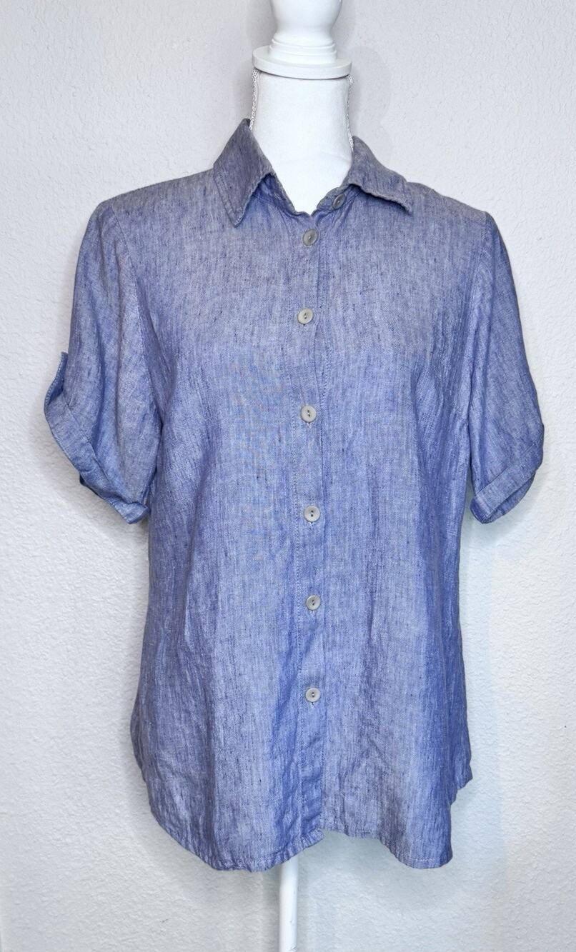 Flax Women's Size S Short Sleeve Shirt 100% Linen Blue Button Up Lagenlook Top